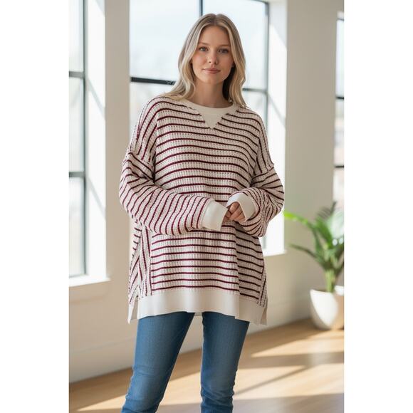 American Eagle Outfitters Tops - American Eagle Oversized Slouchy Waffle Knit Ribbed Striped Pullover Soft Cozy